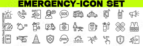 Emergency Icon Set. Ambulance, Lifebuoy, Police, Medical, Emergency Exit, Hospital, SOS, Emergency Hotline, Siren, Emergency Situations. Vector Illustration
