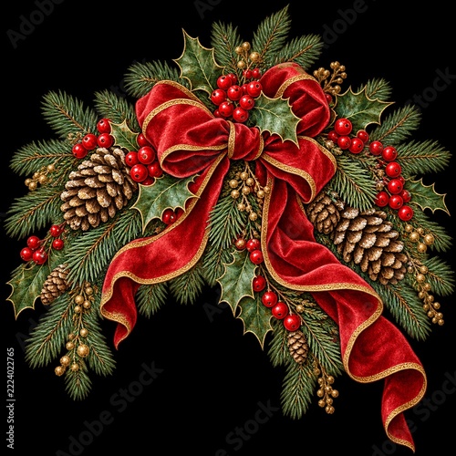 Traditional oil painting style Christmas illustration of an elegant evergreen swag with a red velvet bow, holly berries, and pinecones isolated on black for a luxury holiday greeting.