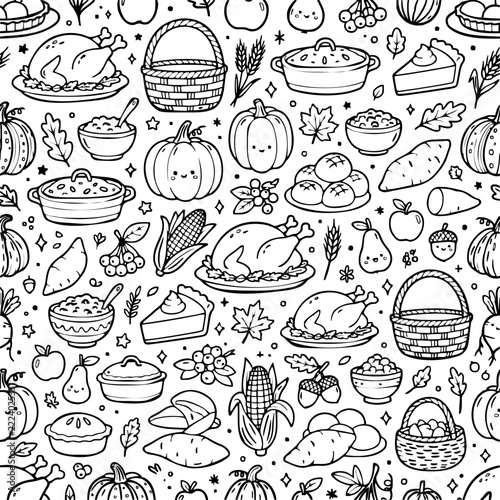 Cute Thanksgiving Food Seamless Pattern – Black and White Hand Drawn Doodle