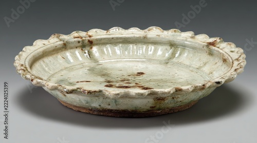 Antique Ceramic Dish with Scalloped Edge and Rustic Finish