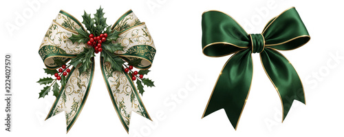 Set of green Christmas bows with holly berries and gold trim isolated