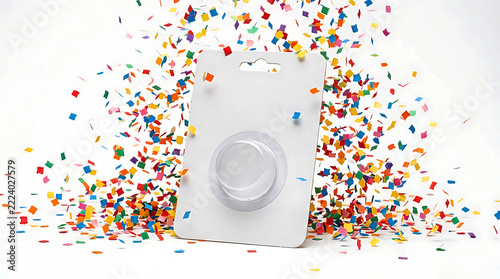 Blank white packaging box with colorful confetti falling around it