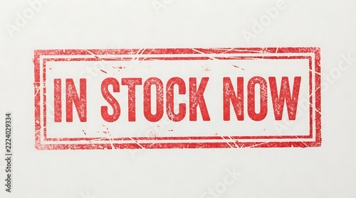 Red textured rectangular rubber stamp ink mark reading in stock now with seal print graphic design