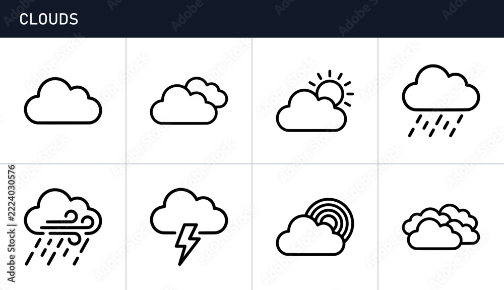 Fototapeta premium Weather icons set with clouds, sun, rain, lightning and rainbow for meteorology