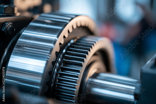 Close-up of industrial metal gears and mechanical components in a factory, showcasing precision engineering and heavy machinery in a manufacturing plant.