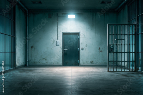 A dimly lit, eerie prison corridor with a heavy metal door, barred gates, and stained concrete walls, creating a cinematic atmosphere of confinement and mystery.