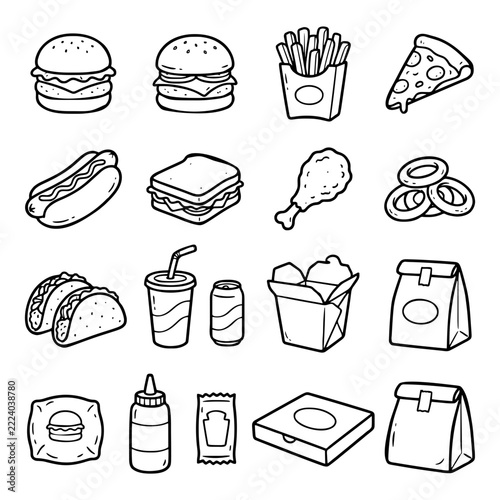 Cute Hand Drawn Fast Food and Takeaway Doodle Set, Black and White Food Vector Illustrations