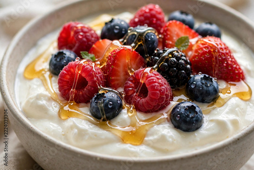 Fresh Berries and Honey Drizzle on Yogurt Bowl Close Up