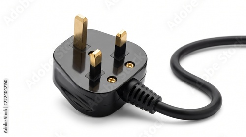 British three pin electrical plug with shiny brass prongs and connected flexible black cord on white background