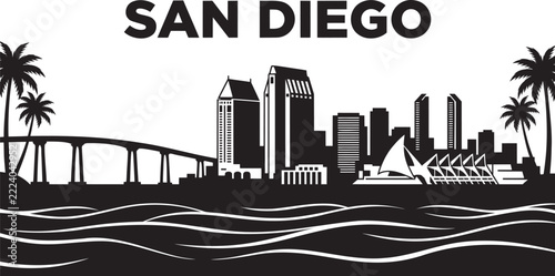 San Diego California skyline vector silhouette with Coronado Bridge and palm trees