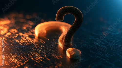 Abstract 3D illustration featuring question marks, search icons, support symbols, FAQ elements, quizzes, and help indicators, representing digital communication, cybersecurity, computer networks.