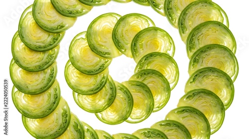A vibrant spiral arrangement of fresh lime slices against a bright white background creating an eye catching abstract composition
