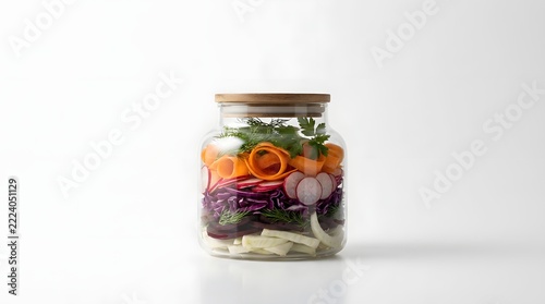 A beautifully layered arrangement of vibrant fresh vegetables displayed inside a clear glass mason jar representing a healthy and colorful culinary idea on white