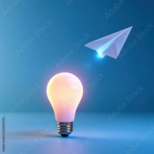 Glowing light bulb illuminates a paper airplane taking flight.