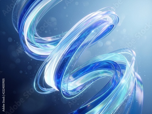 3D Render Futuristic Abstract Curved Ribbon with Circuit Board Lines and Glowing Blue Light Rays 鮮やかなブルーの光と電子回路基板がらせん状にうねる未来的3D抽象流線グラフィック背景画像