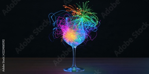Colorful light trails explode from a wine glass in a dark setting.