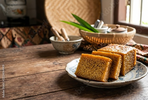 Traditional Malaysian Kek Sarang Semut on Ceramic Plate
