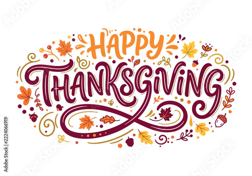 Happy Thanksgiving Calligraphic Text with Autumn Leaves