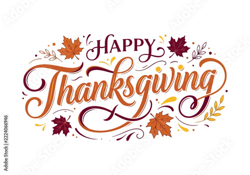 Happy Thanksgiving typography design with autumn leaves