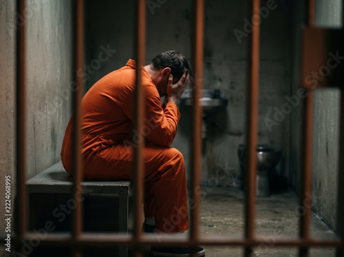 Depressed male prisoner in orange jumpsuit sitting in jail cell behind bars