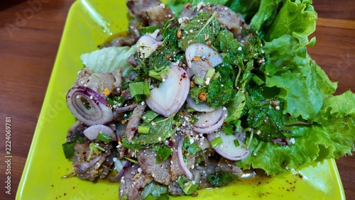 Fresh Thai Salad with Grilled Meat and Herbs on a Vibrant Plate