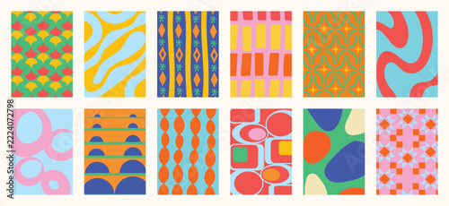 Colorful Retro Geometric Vector Pattern Collection Featuring Twelve Mid Century Modern Abstract Designs with Wavy Stripes, Oval Shapes, Checkerboard Grids and Playful Textile Motifs