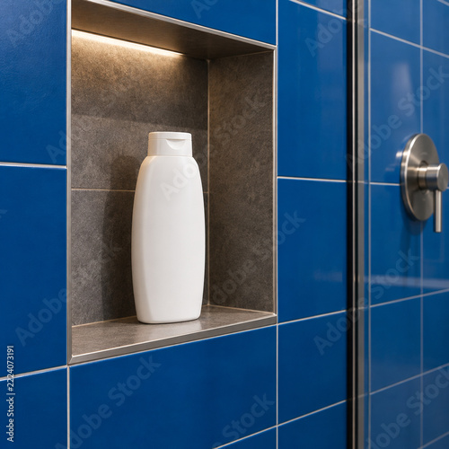Blank White Shampoo Bottle in Blue Tiled Shower Niche