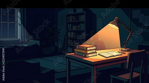 A cozy home office scene with a lit desk lamp illuminating a cluttered workspace at night