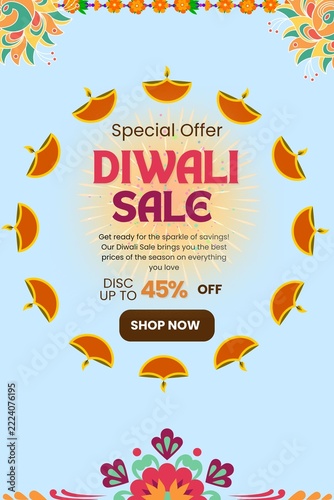 Diwali sale offer social media post design with glowing lanterns hanging lamps and discount badge vector