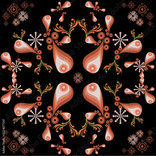 seamless floral pattern, orange and brown paisley items on black 