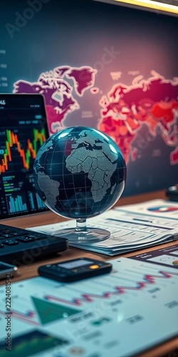 Global financial data processing on a desk with a world map background, management., chart graphs