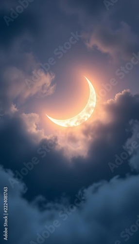Silky crescent moon glows softly amidst wispy clouds, phases of the moon, atmospheric