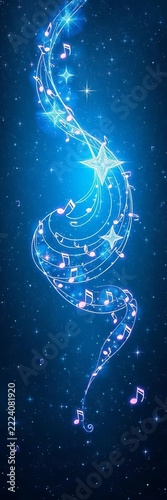 Twinkling musical notes swirl across a celestial canvas, illuminated by a million stars, vibrant music, cosmic dance