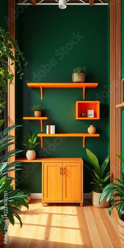 Asymmetrical orange shelves adorn dark green walls, surrounded by lush plants and wooden accents, wood furniture, natural decor