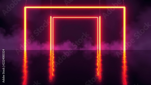 Neon rectangles glow, diminishing size creates depth. Reflections mirror light within dark, smoky environment. Minimalist design.