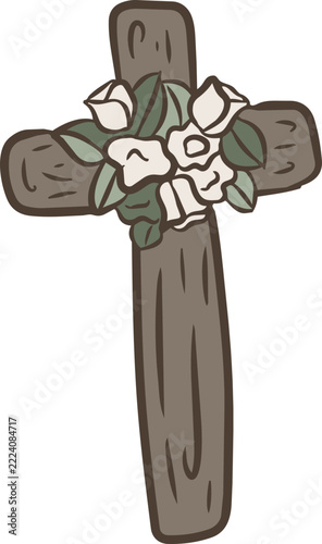 Wooden Cross With White Flowers Illustration