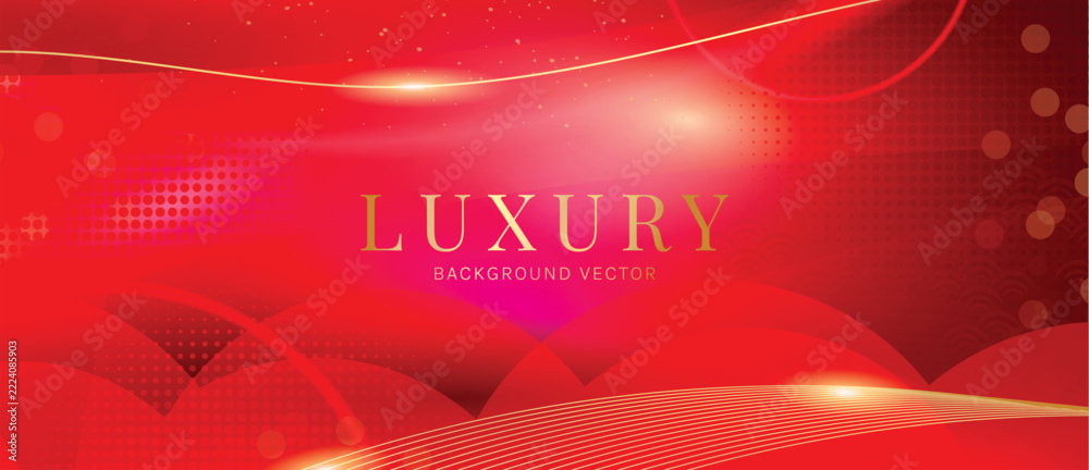 Naklejka premium Luxury Bright Red Vector Background Featuring Elegant Champagne Gold Wave Stripes Radiant Flare and Abstract Celebration Layers