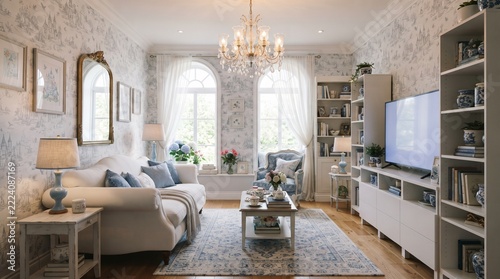 Elegant Blue and White Living Room Interior – Modern and Welcoming Space Featuring Coordinated Blue and White Seating, Stylish Contemporary Furniture, Refined Wall Treatments, Sophisticated Décor, Sof