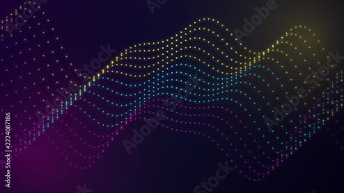 Glowing neon particle wave animation displaying colorful undulating dotted sound frequency lines flowing smoothly across dark futuristic background for modern technology data visualization