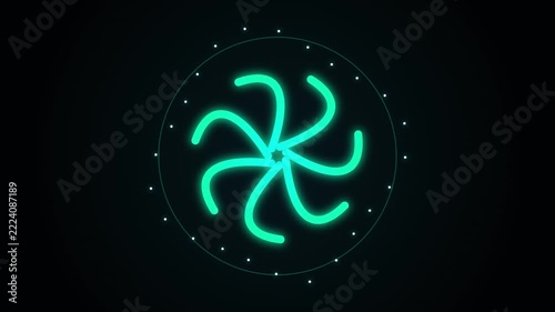 Glowing neon cyan radial vortex spiral motion graphics animation with futuristic circular hud interface elements and glowing particle dots rotating smoothly against a pure dark background