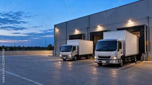 Trucks parked outside a warehouse at dusk with clear skies in the background