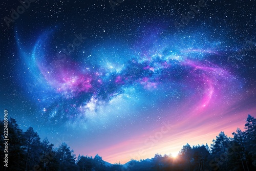 Celestial nebula swirls above silhouetted pine trees at twilight.