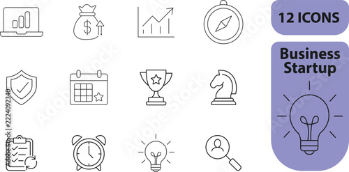 Business startup line icon set for success strategy marketing concept