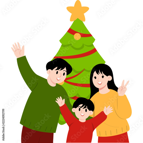 Handdrawn Family Decorating Christmas Tree