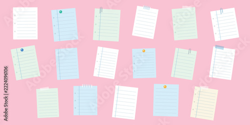 Collection of mixed torn paper pieces including white paper strip, kraft paper, grid note and small scrap with paperclip on transparent background