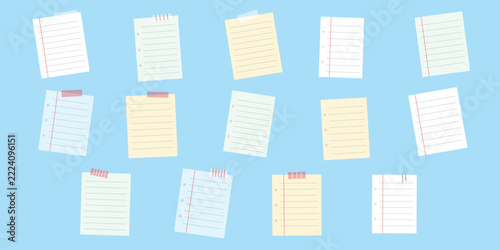Collection of mixed torn paper pieces including white paper strip, kraft paper, grid note and small scrap with paperclip on transparent background