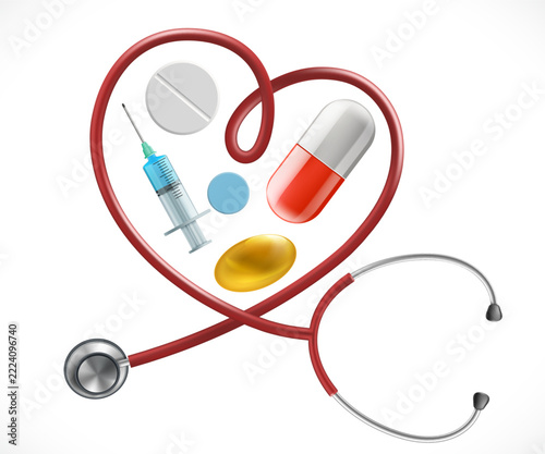 Medical stethoscope with a heart shape. Vaccine syringe, vitamins, and pills inside a heart shape. Icon isolated on white background. Vector illustration.