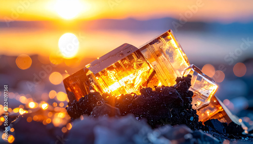 Radiant Amber Crystal Cluster Glowing on a Rocky Shore