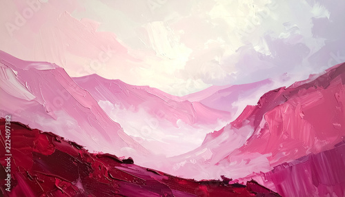 Abstract Pink Mountain Landscape Painting with Heavy Impasto Texture