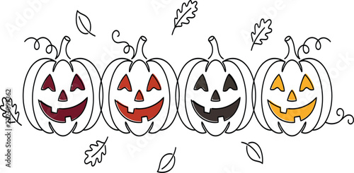 Four cute jackolantern pumpkins in a row with autumn leaves